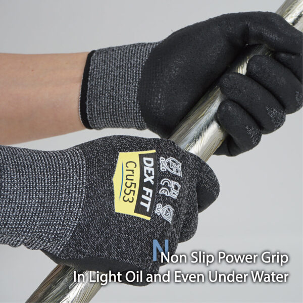 DEX FIT, Level 5 Cut Resistant Gloves Cru553, 3D Comfort Stretch Fit, Power Grip, Durable Foam Nitrile, Pass FDA Food Contact, Smart Touch