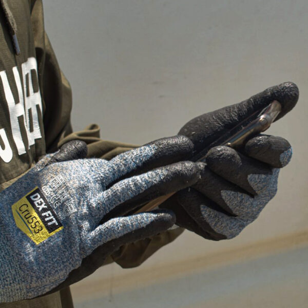 DEX FIT | Level 5 Cut Resistant Gloves Cru553 | 3D Comfort Stretch Fit | Power Grip, Durable Foam Nitrile | Pass FDA Food Contact | Smart Touch | Thin & Lightweight (1 Pair)