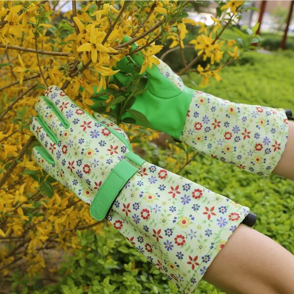 OLSON DEEPAK | Womens goatskin Leather Gardening Gloves with long cuff Floral Printed | Perfect for women for Weeding, Digging, Planting, Raking and Pruning