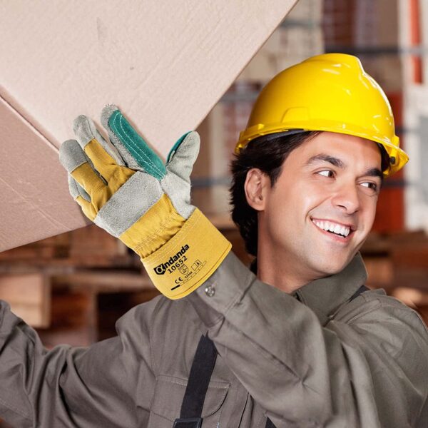 ANDANDA | Leather Safety Work Gloves | Double Layer Cow Split Leather | 100% Full Back Cloth Design | Industrial Grade Leather Work Gloves Suitable for Gardening/Buildings/Automobiles
