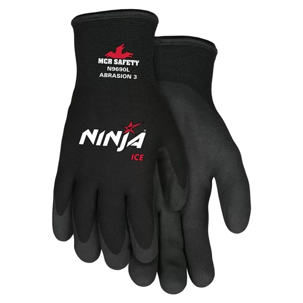 MCR Safety | N9690 | Ninja Ice 15 Gauge Black Nylon with Acrylic Terry Interior HPT Palm and Fingertip Coating Work Gloves